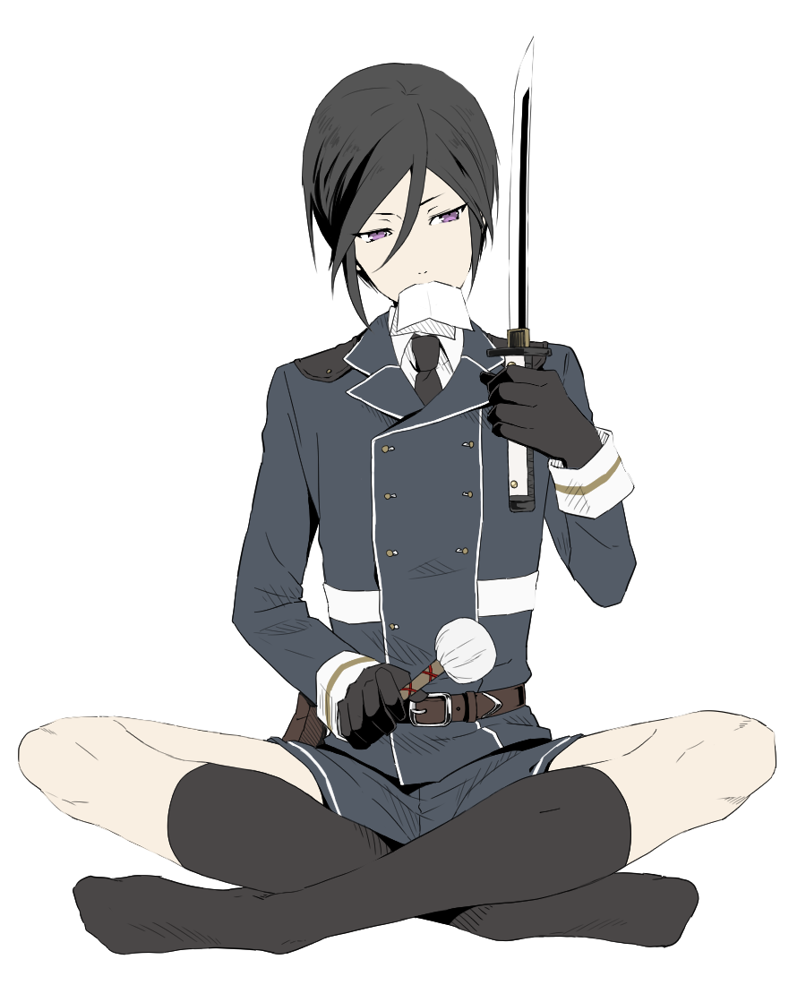 1boy black_hair black_legwear gloves kyoujixxxx male_focus military military_uniform mouth_hold no_shoes shorts solo tantou touken_ranbu uniform violet_eyes yagen_toushirou