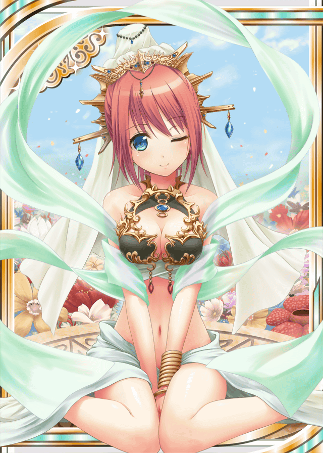 1girl akkijin blue_eyes bra brown_hair card_(medium) crown flower gauntlets jewelry one_eye_closed sapphire_(stone) shinkai_no_valkyrie sitting solo underwear