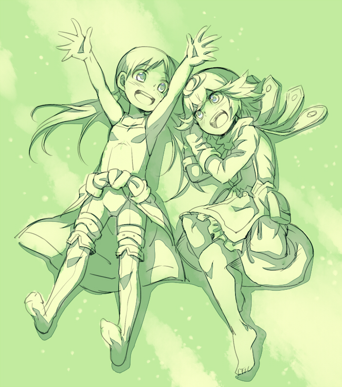 2girls :d armpits barefoot blush breasts clothes_around_waist cr72 dress from_above full_body gloves green jacket_around_waist long_hair looking_at_viewer low_twintails lying made_in_abyss monochrome multiple_girls on_back on_side open_mouth outstretched_arms own_hands_together prushka riko_(made_in_abyss) sketch small_breasts smile twintails