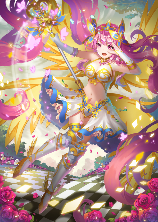 1girl absurdly_long_hair blush breasts cleavage elbow_gloves eyebrows_visible_through_hair gloves holding holding_staff hongse_beiyu large_breasts long_hair looking_at_viewer navel open_mouth original pink_eyes pink_hair smile solo staff twintails very_long_hair white_gloves
