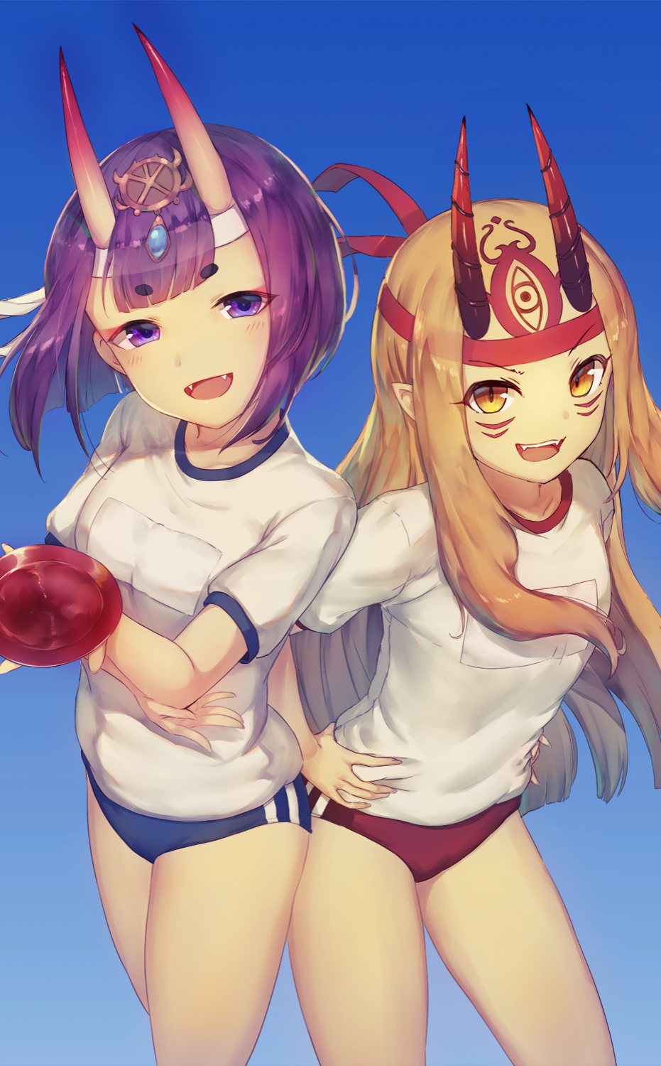 2girls bangs blonde_hair blue_background blue_buruma blunt_bangs blush brown_hair day fate/grand_order fate_(series) forehead gradient gradient_background gym_uniform hand_up hands_on_hips highres horns ibaraki_douji_(fate/grand_order) kotoribako looking_at_viewer multiple_girls name_tag oni_horns open_mouth outdoors purple_hair red_buruma shirt short_sleeves shuten_douji_(fate/grand_order) sidelocks smile t-shirt thick_eyebrows thighs violet_eyes white_shirt yellow_eyes