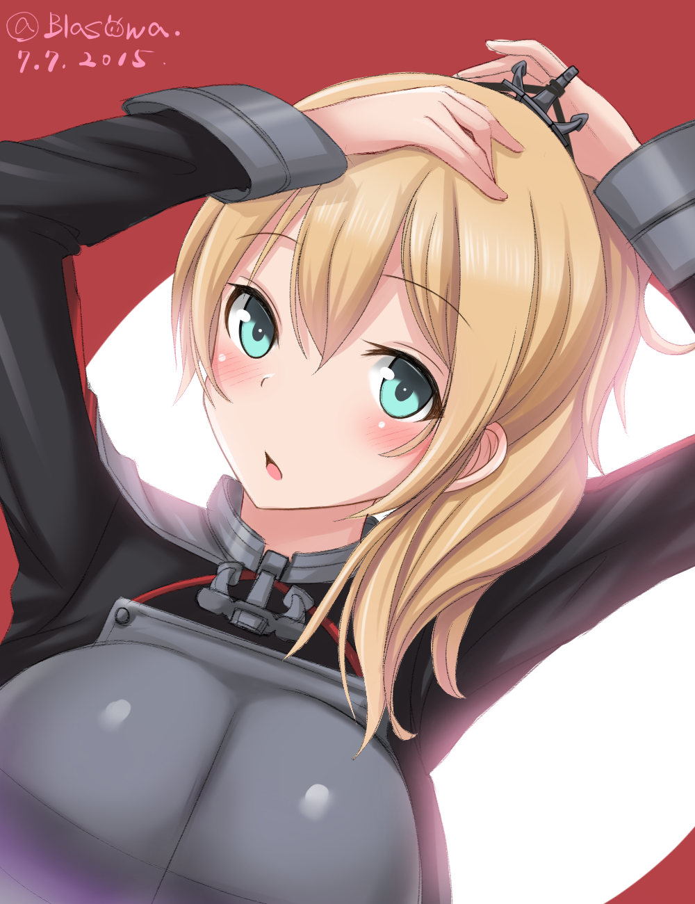 1girl anchor_hair_ornament aqua_eyes blonde_hair blush brasowa hair_ornament hand_on_head highres kantai_collection long_sleeves looking_at_viewer medium_hair open_mouth prinz_eugen_(kantai_collection) solo