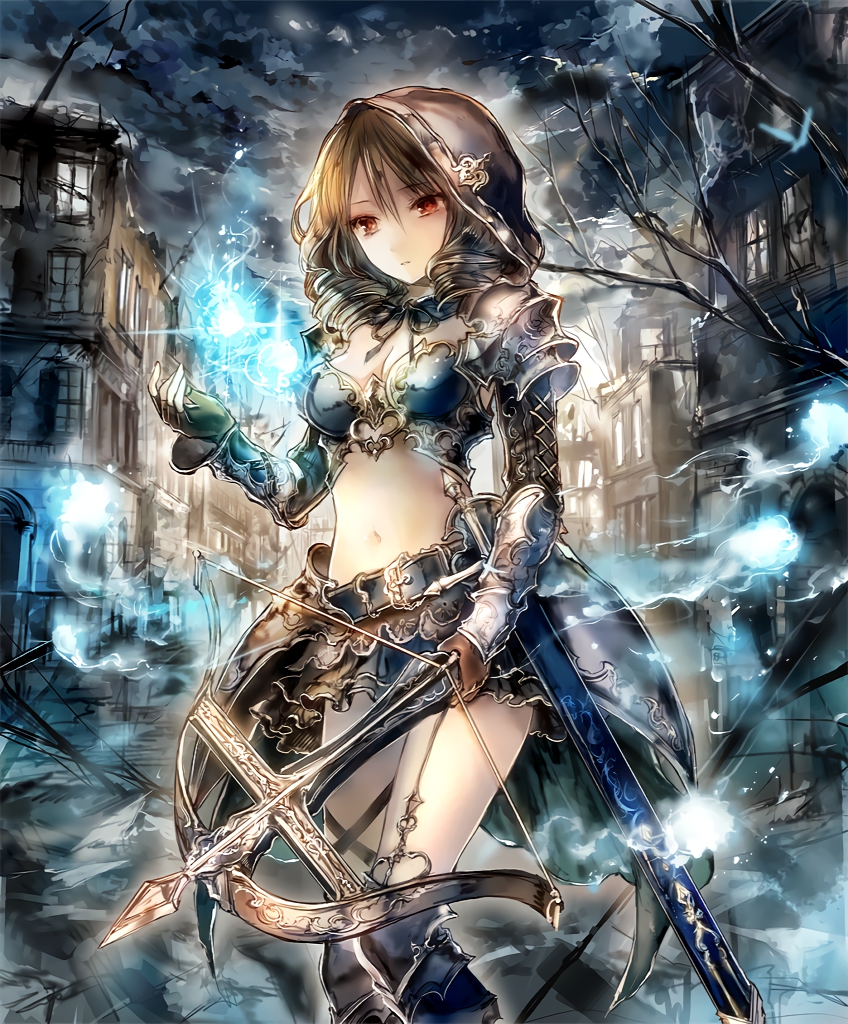 1girl arrow artist_request bow_(weapon) brown_hair crossbow cygames deathchaser fingerless_gloves gloves hitodama hood hood_up navel official_art red_eyes revealing_clothes scabbard shadowverse sheath shingeki_no_bahamut skirt sword town tree weapon