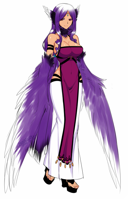 1girl bare_shoulders bird_ears breasts cleavage closed_mouth commentary_request detached_collar diadem dress feathered_wings full_body fur_collar harpy konshin large_breasts long_hair looking_at_viewer monster_girl no_socks pelvic_curtain purple_dress purple_hair purple_wings red_eyes sandals simple_background smile solo standing white_background white_dress wings