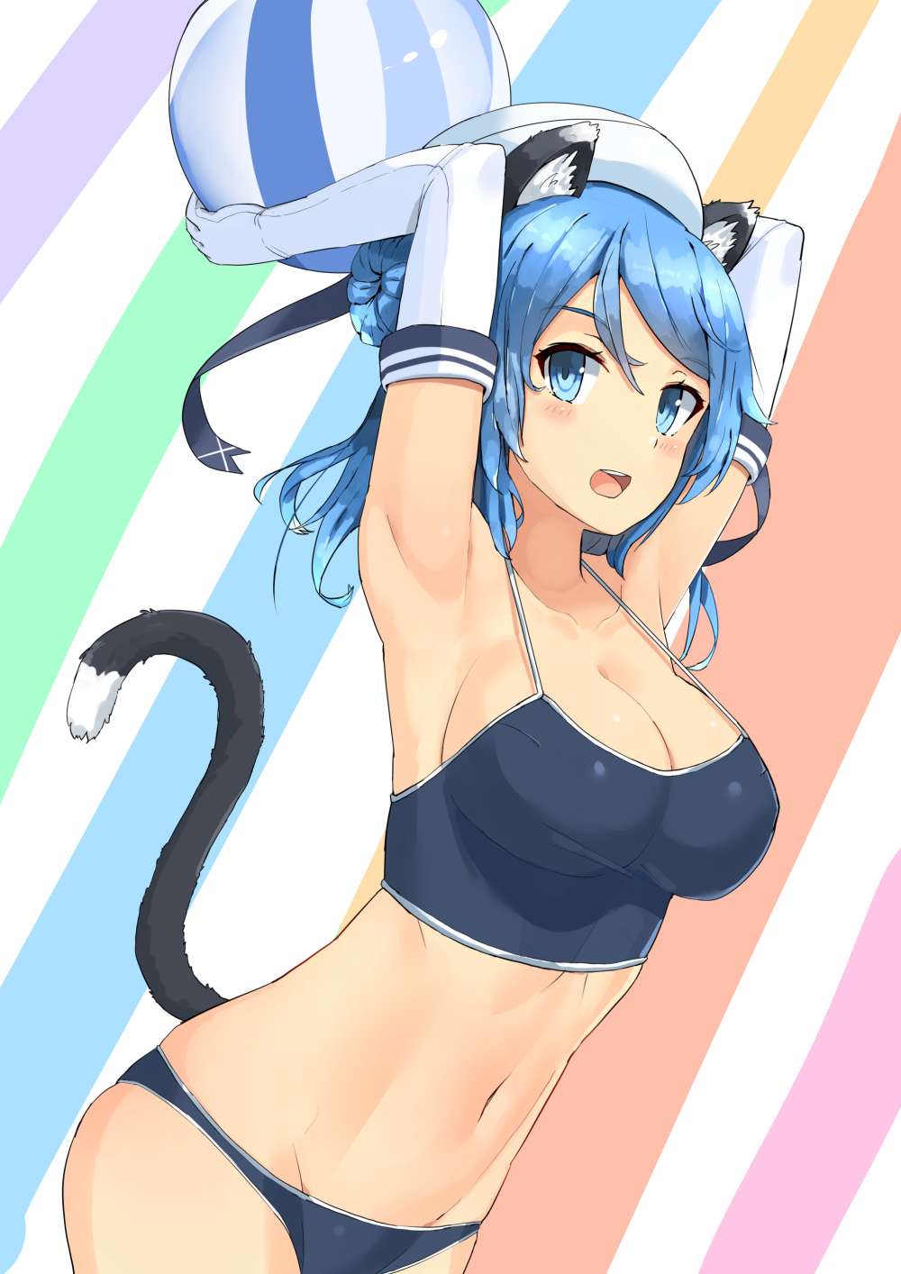 1girl animal_ears armpits arms_up ball beachball blue_bikini_bottom blue_eyes blue_hair breasts cat_ears cleavage cowboy_shot dutch_angle elbow_gloves from_side gloves hair_bun hat highres kantai_collection kemonomimi_mode large_breasts looking_at_viewer medium_hair navel open_mouth revision side_bun simple_background soil_chopsticks solo strap_gap tail urakaze_(kantai_collection) white_gloves