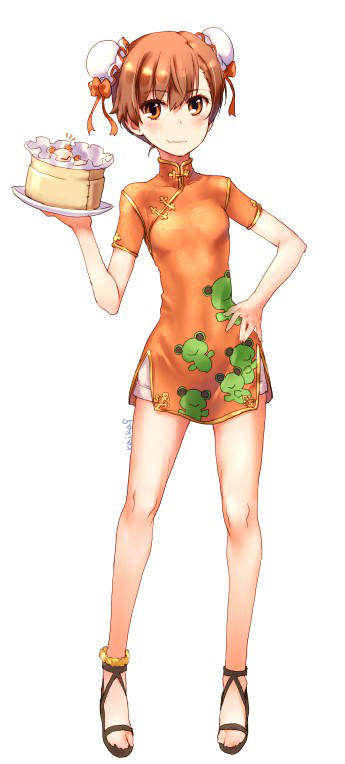 1girl alternate_costume bamboo_steamer brown_eyes brown_hair brown_shorts bun_cover china_dress chinese_clothes dim_sum double_bun dress full_body gekota hand_on_hip looking_at_viewer misaka_mikoto open_toe_shoes orange_dress raika9 shoes short_hair shorts shorts_under_skirt simple_background solo standing to_aru_kagaku_no_railgun to_aru_majutsu_no_index white_background