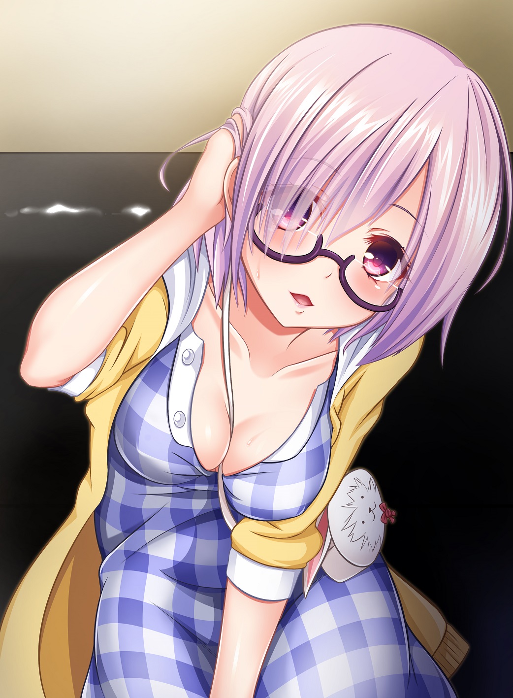 1girl breasts cardigan cleavage collarbone eyes_visible_through_hair fate/grand_order fate_(series) hair_over_one_eye hand_in_hair head_tilt highres ichi_natsu indoors medium_breasts open_cardigan open_clothes open_mouth pink_hair purple-framed_eyewear shielder_(fate/grand_order) short_hair sitting solo sweater violet_eyes yellow_sweater