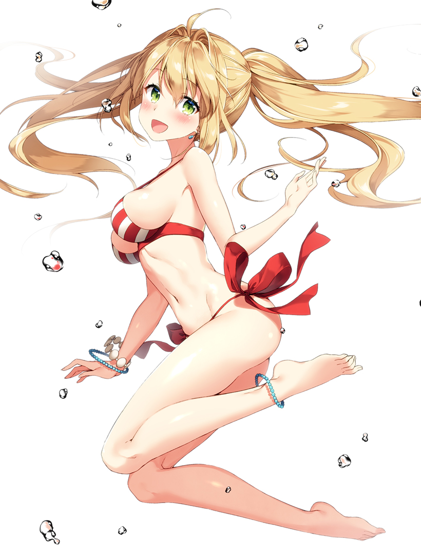 1girl :d ahoge anklet bangs bare_legs barefoot bead_bracelet beads bikini blonde_hair blush bracelet breasts earrings eyebrows_visible_through_hair fate/grand_order fate_(series) floating_hair full_body hair_between_eyes hair_intakes halter_top halterneck hand_up jewelry long_hair looking_at_viewer masuishi_kinoto medium_breasts nero_claudius_(swimsuit_caster)_(fate) open_mouth plantar_flexion red_bikini saber_extra sideboob sidelocks simple_background smile solo striped striped_bikini swimsuit twintails very_long_hair water_drop white_background white_bikini