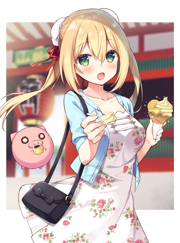 1girl :d anzu_(sumisaki_yuzuna) architecture bag bangs blonde_hair blue_jacket blurry blurry_background blush bow breasts bun_cover collarbone cowboy_shot day double_bun dress east_asian_architecture eyebrows_visible_through_hair floral_print food giving green_eyes hair_ribbon holding holding_food holding_spoon ice_cream ice_cream_cone jacket long_hair looking_at_viewer medium_breasts open_mouth original outdoors outside_border pig red_ribbon ribbon short_sleeves shoulder_bag smile solo sumisaki_yuzuna twintails