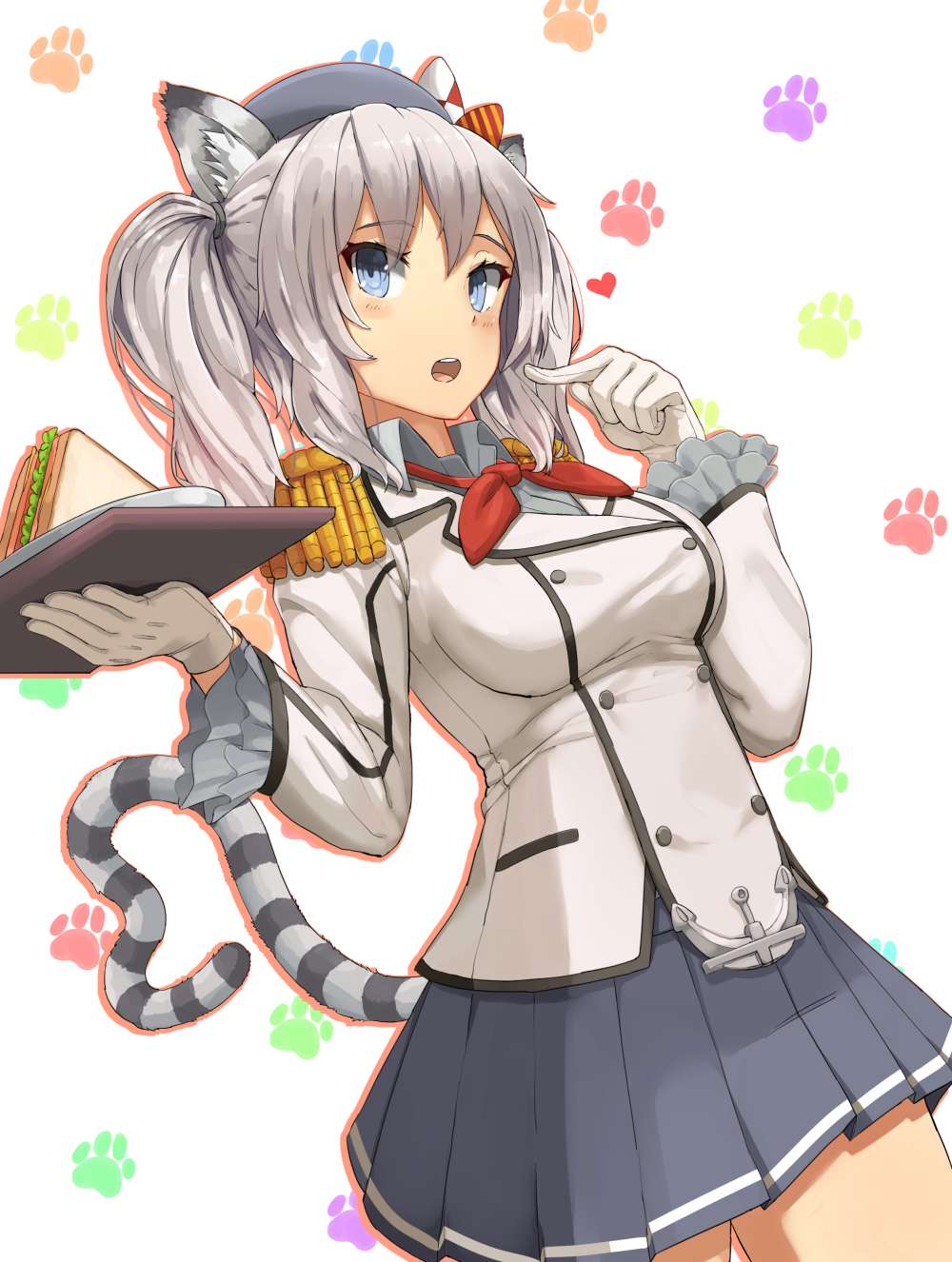 1girl anchor animal_ears bangs blue_eyes blue_skirt blush breasts buttons cat_ears cat_tail commentary commentary_request epaulettes eyebrows_visible_through_hair eyes_visible_through_hair food frilled_sleeves frills gloves hat highres holding holding_plate kantai_collection kashima_(kantai_collection) medium_breasts military military_uniform open_mouth paw_print plate pleated_skirt revision sandwich sidelocks silver_hair skirt soil_chopsticks solo standing tail two_side_up uniform white_gloves
