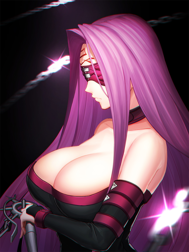 1girl bare_shoulders blindfold breasts choker closed_mouth detached_sleeves facial_mark fate/stay_night fate_(series) forehead_mark large_breasts long_hair minami_koyogi nameless_dagger profile purple_hair rider solo upper_body