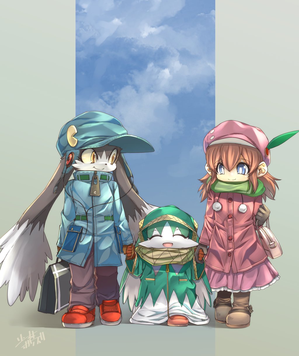 1girl 2boys animal animal_ears anthro bandai bandai-namco_entertainment brown_hair female furry happy headphones human kaze_no_klonoa king_of_sorrow klonoa lolo male namco rabbit tagme