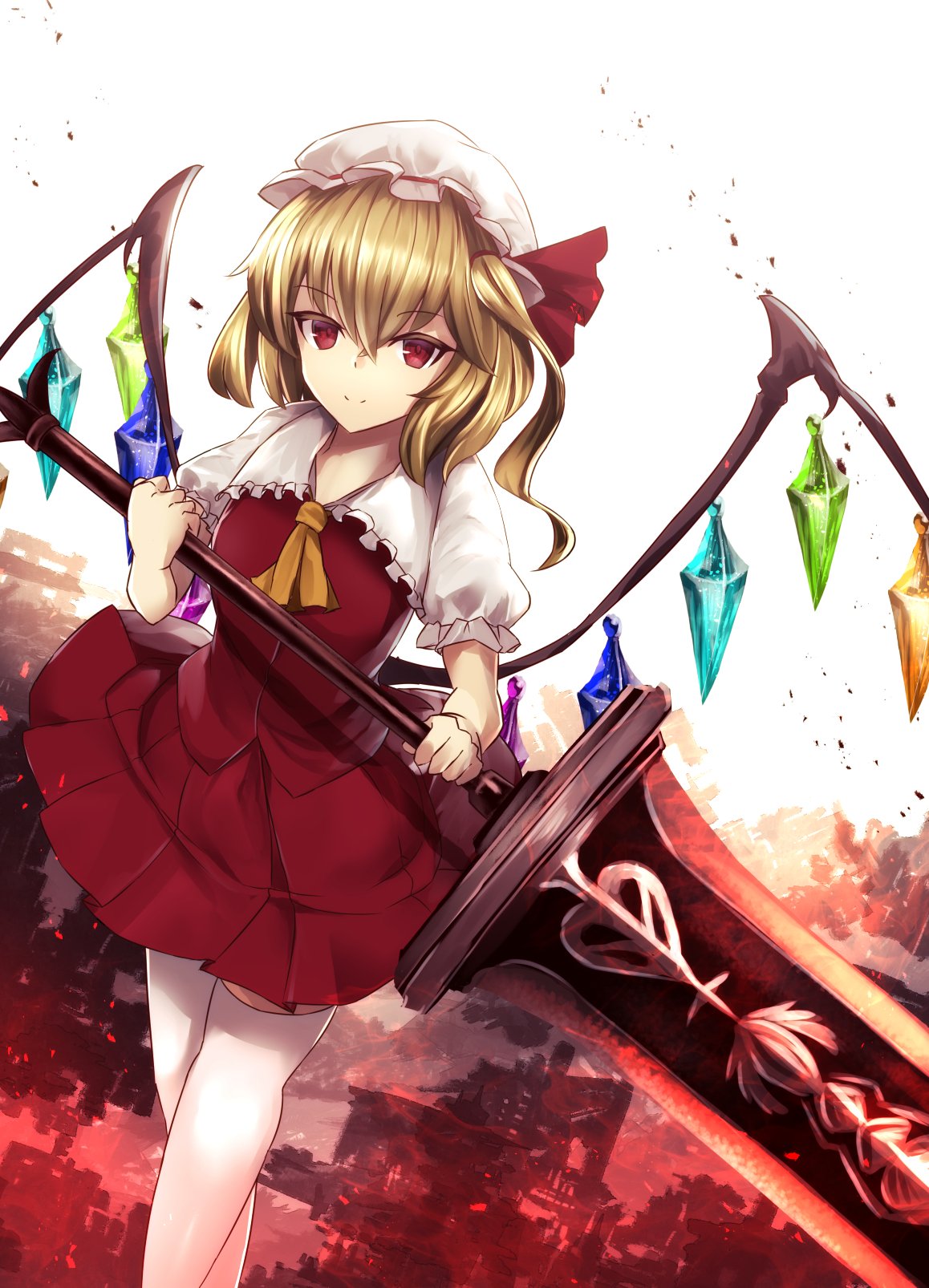 1girl ascot blonde_hair closed_mouth cowboy_shot crystal flandre_scarlet hat hat_ribbon highres holding holding_sword holding_weapon looking_at_viewer mob_cap puffy_short_sleeves puffy_sleeves red_eyes red_ribbon red_skirt red_vest ribbon shirt short_sleeves side_ponytail sinkai skirt skirt_set smile solo sword thigh-highs touhou vest weapon white_legwear white_shirt wings