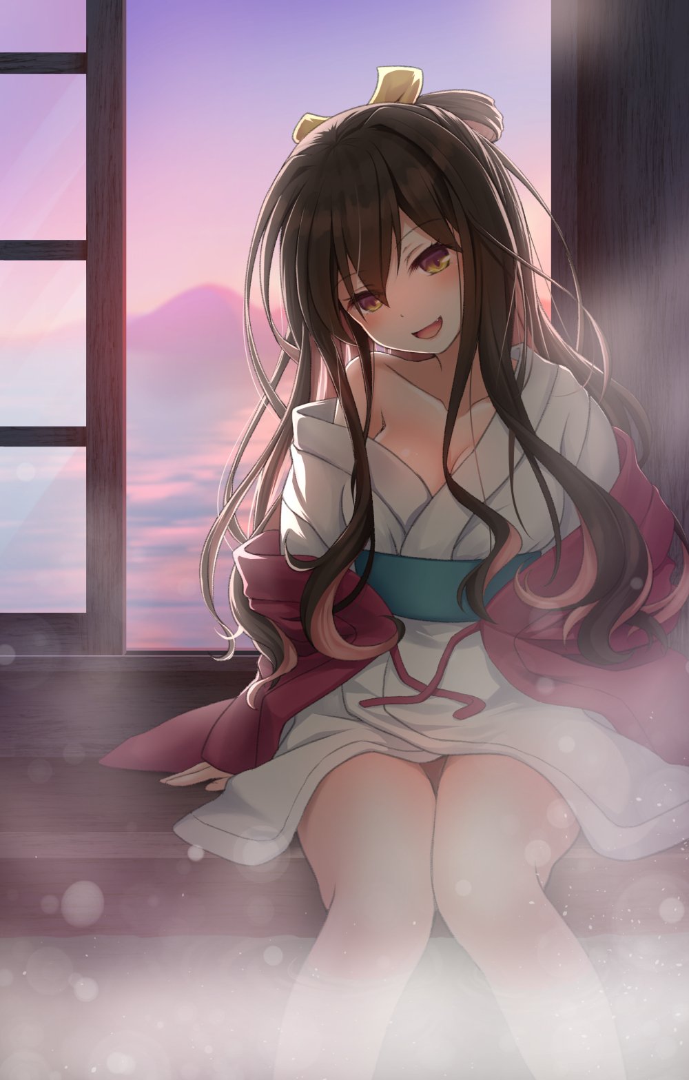 alternate_costume bath bathroom commentary highres japanese_clothes kantai_collection kimono light_particles maririn naganami_(kantai_collection) steam water window