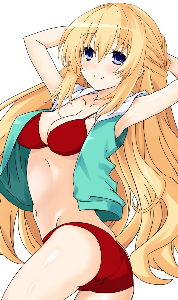 1girl bikini blonde_hair blue_eyes blush breasts cleavage iwasi-r jacket large_breasts long_hair looking_at_viewer neptune_(series) red_bikini smile solo swimsuit vert