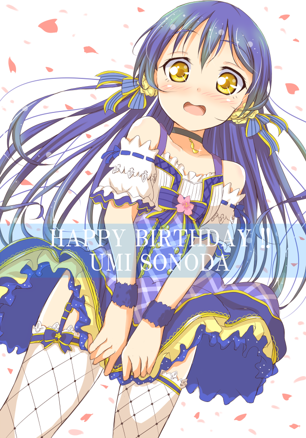 1girl birthday blue_dress blue_hair blue_ribbon blush character_name choker collarbone dress flower frilled_dress frills garter_straps hair_ornament long_hair love_live! love_live!_school_idol_project open_mouth petals qy ribbon simple_background skirt skirt_tug solo sonoda_umi surprised text thigh-highs white_background white_legwear wind wristband yellow_eyes