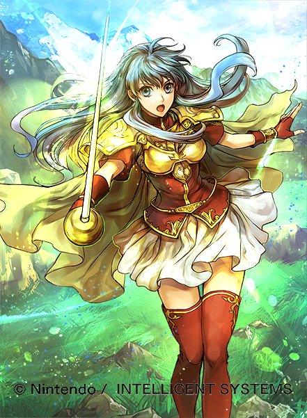 1girl aqua_hair armor artist_request bangs blue_eyes boots breastplate cape clouds company_name copyright_name day eirika fingerless_gloves fire_emblem fire_emblem:_seima_no_kouseki fire_emblem_cipher gloves grass holding holding_sword holding_weapon looking_at_viewer mountain official_art open_mouth outdoors shiny shirt short_sleeves skirt sky solo sword thigh-highs thigh_boots wada_sachiko weapon zettai_ryouiki