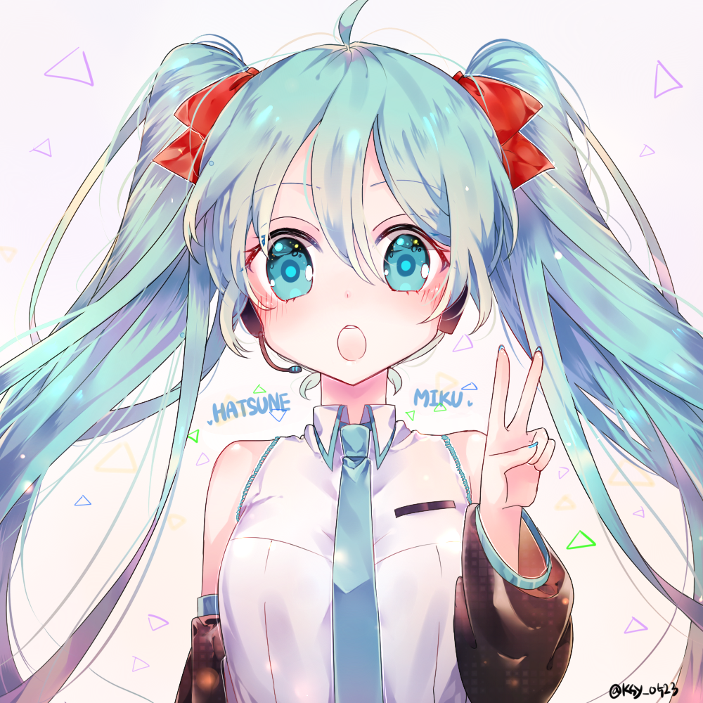 1girl blue_eyes blue_hair character_name detached_sleeves hatsune_miku long_hair necktie open_mouth solo twintails v vocaloid