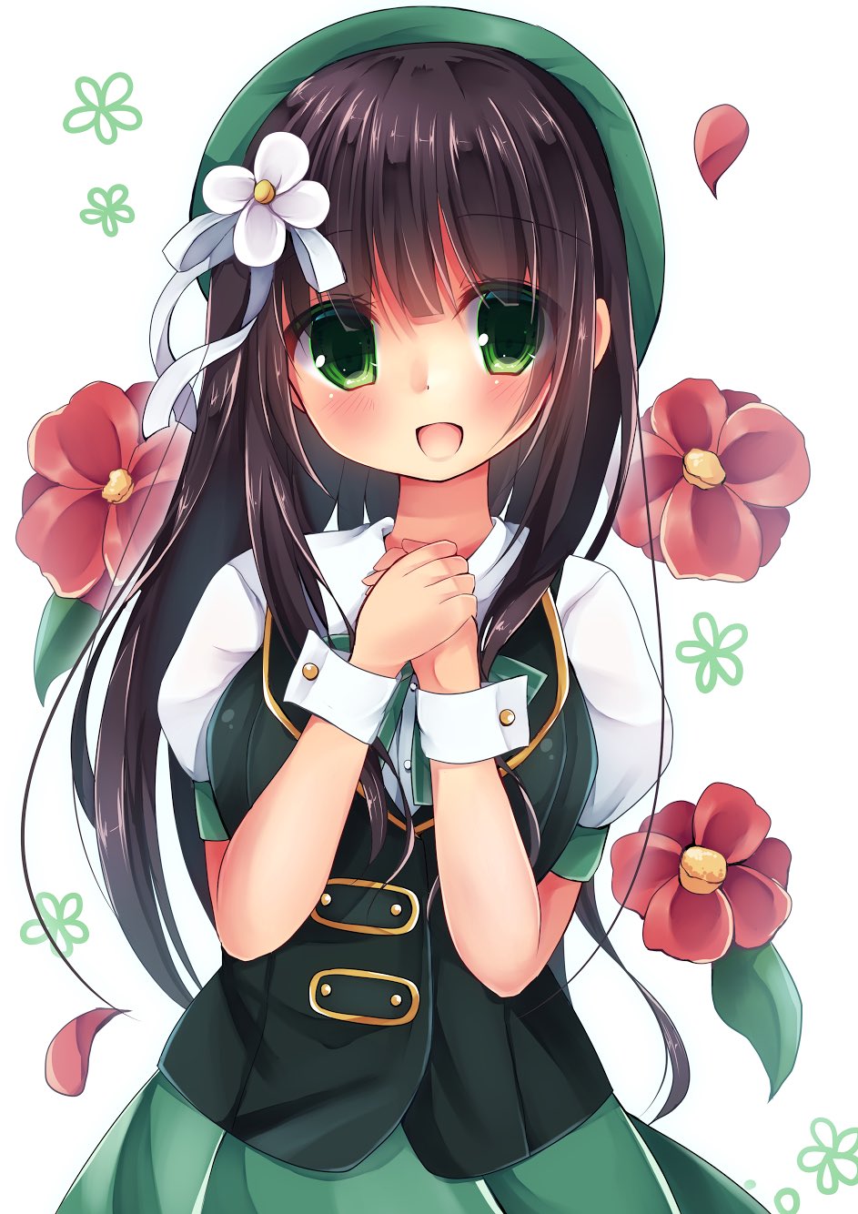 1girl :d bangs beret blunt_bangs blush bow bowtie breasts brown_hair buttons commentary_request cowboy_shot eyebrows_visible_through_hair floral_background flower gochuumon_wa_usagi_desu_ka? green_bow green_bowtie green_eyes green_hat green_skirt green_vest hair_flower hair_ornament hands_together hat highres long_hair looking_at_viewer mashiro_noyunouji medium_breasts open_mouth petals puffy_short_sleeves puffy_sleeves ribbon shirt short_sleeves skirt smile solo ujimatsu_chiya vest white_background white_flower white_ribbon white_shirt wrist_cuffs