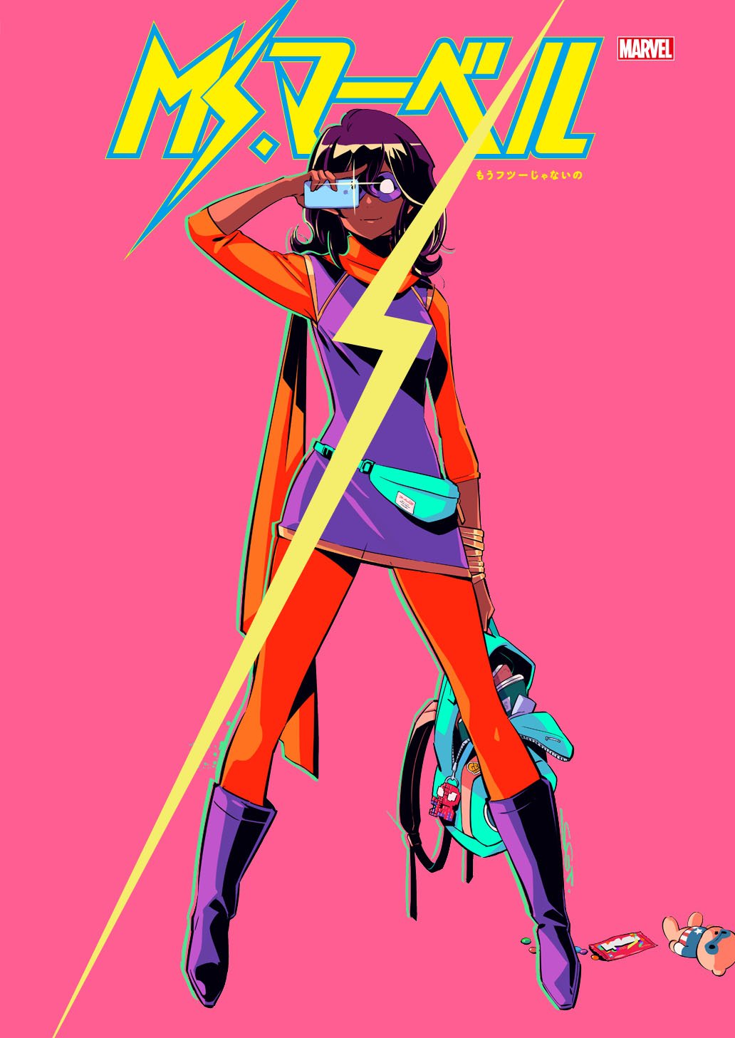1girl backpack backpack_removed bag book bookbag boots bracer camera_flash captain_america cellphone cellphone_camera copyright_name dark_skin domino_mask fanny_pack full_body highres kamala_khan keychain looking_at_viewer marvel mask ms._marvel official_art phone pink_background scarf short_hair smartphone smile solo spider-man stuffed_animal stuffed_toy superhero