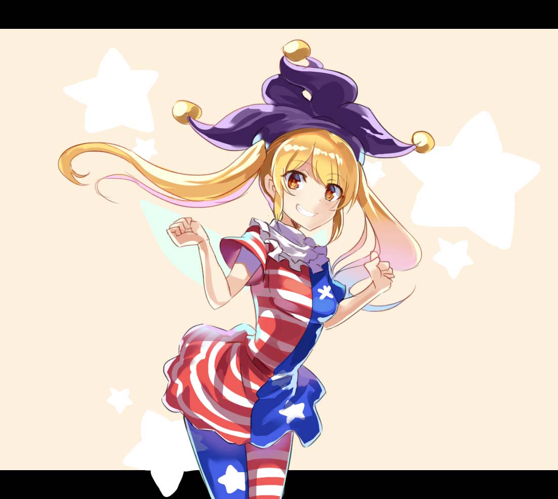 1girl alternate_hairstyle alternate_legwear american_flag_dress american_flag_legwear blonde_hair blush breasts clownpiece cowboy_shot dress fairy_wings frilled_shirt_collar frills grin hat jester_cap long_hair looking_at_viewer orange_eyes pantyhose polka_dot print_legwear rin_falcon short_dress small_breasts smile solo star star_print touhou twintails wings