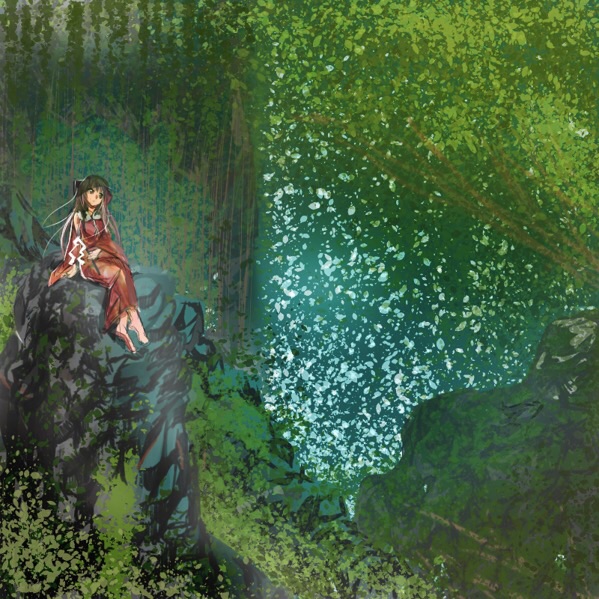1girl adapted_costume alternate_hairstyle bangs barefoot black_hair detached_sleeves expressionless forest gohei hakurei_reimu head_tilt long_skirt looking_afar moss nature outdoors plant red_shirt red_skirt rock shirt sitting sketch skirt sleeveless sleeveless_shirt solo touhou tree veil vines wide_sleeves