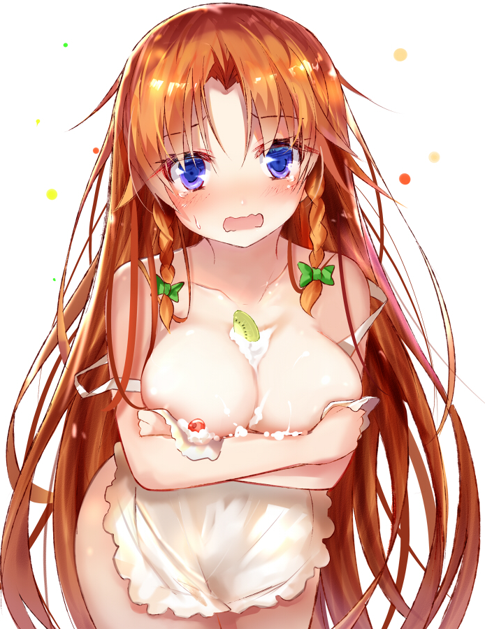 1girl apron bangs blue_eyes blush bow braid breast_hold breasts cleavage collarbone commentary_request cowboy_shot cream crossed_arms efe eyebrows_visible_through_hair food fruit green_bow hair_bow hong_meiling large_breasts leaning_forward long_hair naked_apron open_mouth parted_bangs redhead solo strap_gap strap_slip strawberry sweat tears touhou twin_braids very_long_hair wavy_mouth white_background