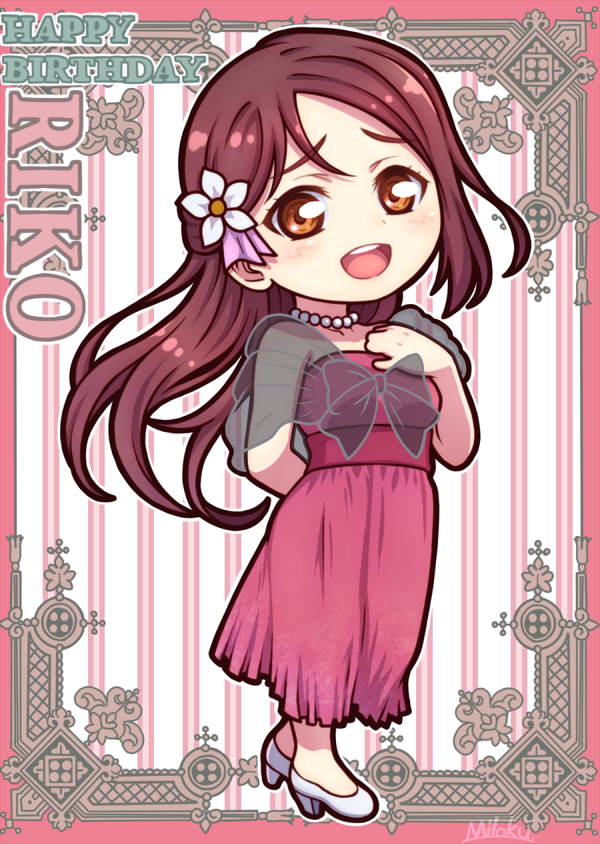 1girl artist_name birthday character_name chibi dress english hair_ornament half_updo happy_birthday high_heels jewelry long_hair love_live! love_live!_sunshine!! miloku necklace red_dress redhead sakurauchi_riko yellow_eyes