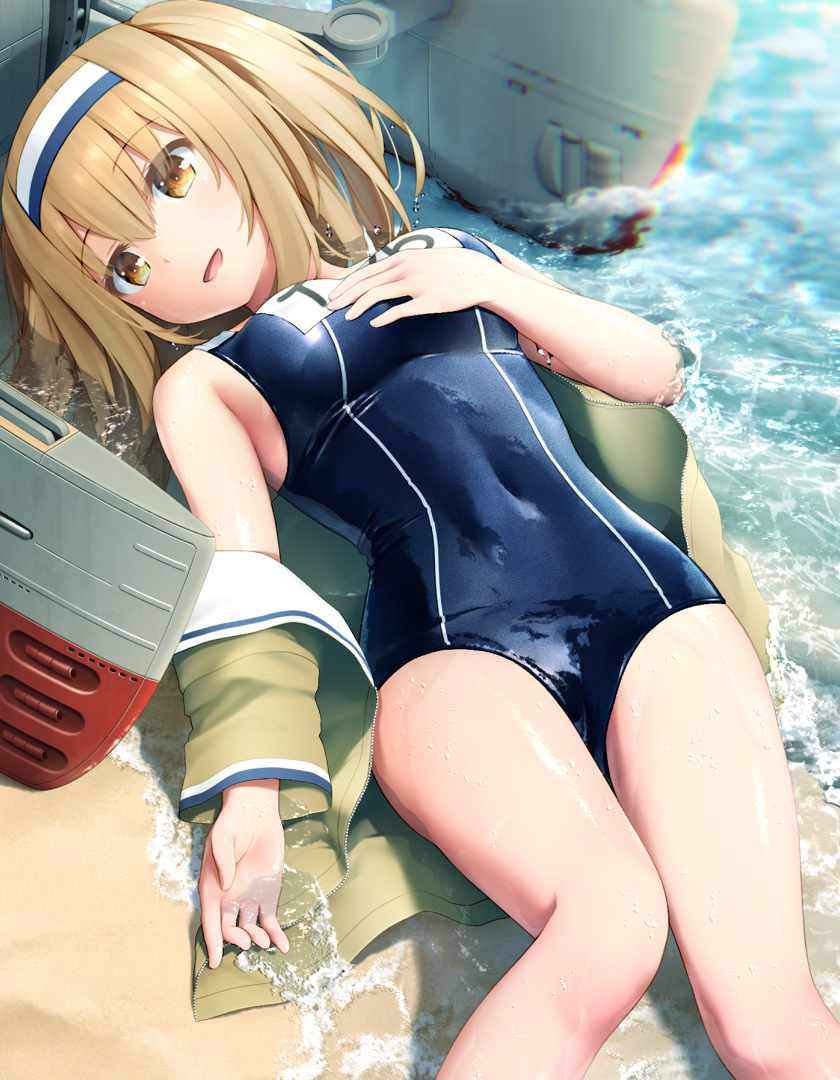 1girl :d bare_legs bare_shoulders beach blazer breasts brown_eyes brown_hair brown_jacket character_name chromatic_aberration covered_navel hairband hand_on_breast hand_on_own_chest haribote_(tarao) i-26_(kantai_collection) jacket kantai_collection long_sleeves looking_at_viewer lying machinery medium_breasts name_tag new_school_swimsuit off_shoulder on_back one-piece_swimsuit open_blazer open_clothes open_jacket open_mouth outdoors revision sand school_swimsuit shiny shiny_clothes short_hair smile solo swimsuit tareme twintails two-tone_hairband unzipped water water_drop