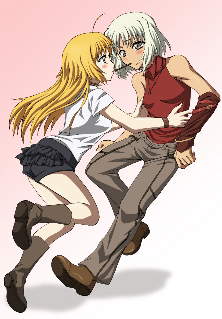 2girls 428 ballpoint_pen_(medium) bare_shoulders blonde_hair blush boots brown_eyes brown_footwear canaan canaan_(character) commentary food gradient gradient_background graphite_(medium) long_hair multiple_girls oiun oosawa_maria pants pink_background pocky pocky_kiss red_shirt shared_food shirt shoes short_hair short_shorts short_sleeves shorts sleeveless sleeveless_shirt traditional_media white_background white_hair white_shirt yellow_eyes yuri