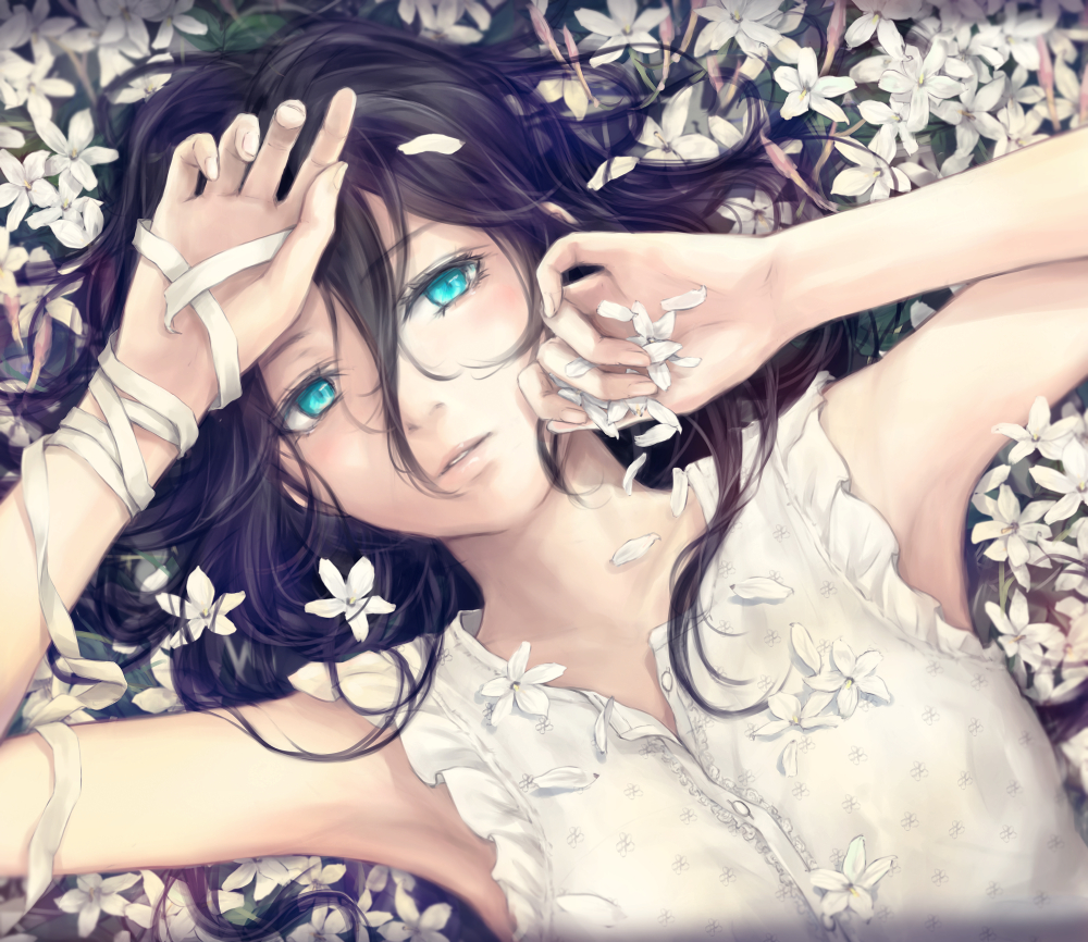 1girl aqua_eyes bandage bandaged_arm black_hair buttons commentary_request dress eyebrows_visible_through_hair field flower flower_field flower_request from_above hair_between_eyes lips long_hair looking_at_viewer looking_up lying nuwanko on_back original parted_lips short_sleeves white_dress