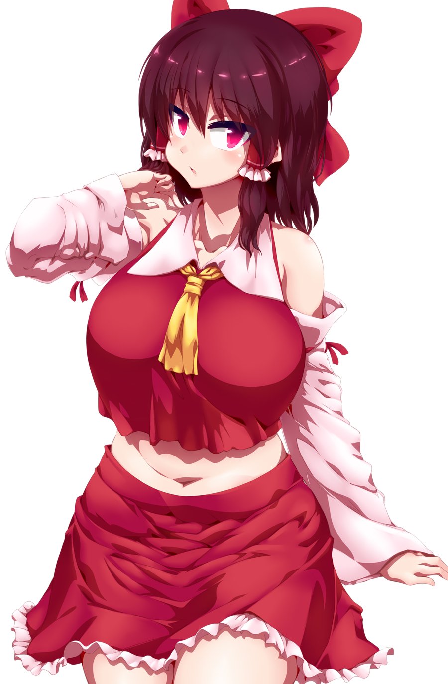 1girl :o ascot bare_shoulders belly black_hair blush bow breasts commentary curvy detached_sleeves hair_bow hakurei_reimu highres huge_breasts looking_at_viewer navel plump red_eyes solo tokyo_(great_akuta) touhou tsurime yellow_ascot