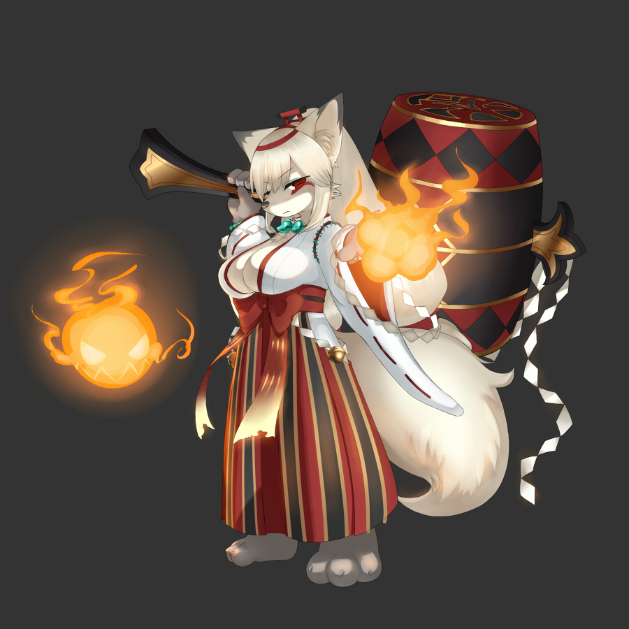 1girl aiming_at_viewer animal_ears barefoot bell breasts cleavage facial_mark fire foreshortening fox_ears fox_girl fox_tail from_side frown fullbokko_heroes furry grey_background hakama hip_vent hitodama japanese_clothes jewelry long_hair long_ponytail looking_at_viewer looking_to_the_side mallet medium_breasts miko necklace obi open_hand over_shoulder oversized_object red_eyes ribbon-trimmed_sleeves ribbon_trim rope sash shimenawa silver_hair simple_background solo suke_(158628) tail torii_hair_ornament very_long_hair wide_sleeves