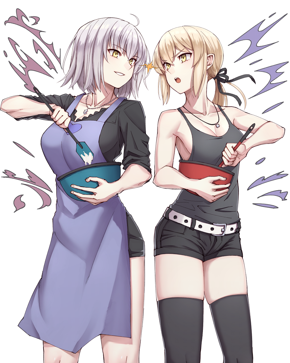 2girls :o ahoge artoria_pendragon_(all) bangs bare_back bare_shoulders belt belt_buckle black_legwear black_ribbon black_shirt black_shorts blush breasts buckle cleavage collarbone cowboy_shot dough eye_contact eyebrows_visible_through_hair fate/grand_order fate_(series) hair_ribbon heart holding_bow jeanne_d'arc_(alter)_(fate) jeanne_d'arc_(fate)_(all) jewelry long_hair looking_at_another low_ponytail medium_breasts michihasu multiple_girls necklace open_mouth parted_lips pendant purple_apron ribbon saber_alter shirt short_hair shorts sideboob silver_hair simple_background sleeveless sleeves_pushed_up standing tank_top thigh-highs white_background yellow_eyes
