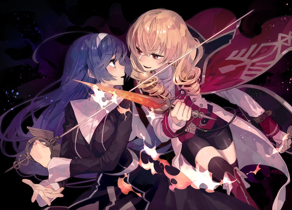 2girls black_legwear blonde_hair blue_eyes blue_hair boots cape drill_hair erika_wagner fighting fire hairband holding holding_sword holding_weapon long_hair long_sleeves looking_at_another multiple_girls orie_(under_night_in-birth) parted_lips rapier red_eyes shield short_sword shorts sparks suzunashi sword thigh-highs thigh_boots under_night_in-birth weapon