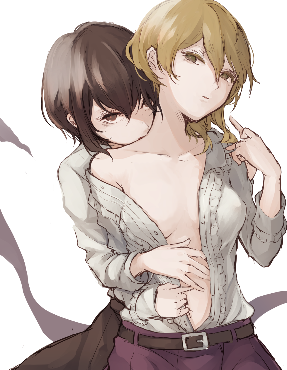 2girls bangs bare_shoulders belt belt_buckle blonde_hair breasts brown_eyes brown_hair brown_skirt buckle center_frills collarbone expressionless eyebrows_visible_through_hair eyelashes frills gensou_aporo grey_shirt hair_between_eyes half-closed_eyes hand_holding hand_on_another's_stomach head_tilt highres imminent_bite long_sleeves looking_at_viewer maribel_hearn medium_breasts multiple_girls navel no_bra off_shoulder open_clothes open_mouth open_shirt pants parted_lips purple_pants shirt short_hair sketch skirt stomach touhou unbuttoned unbuttoned_shirt upper_body usami_renko yuri