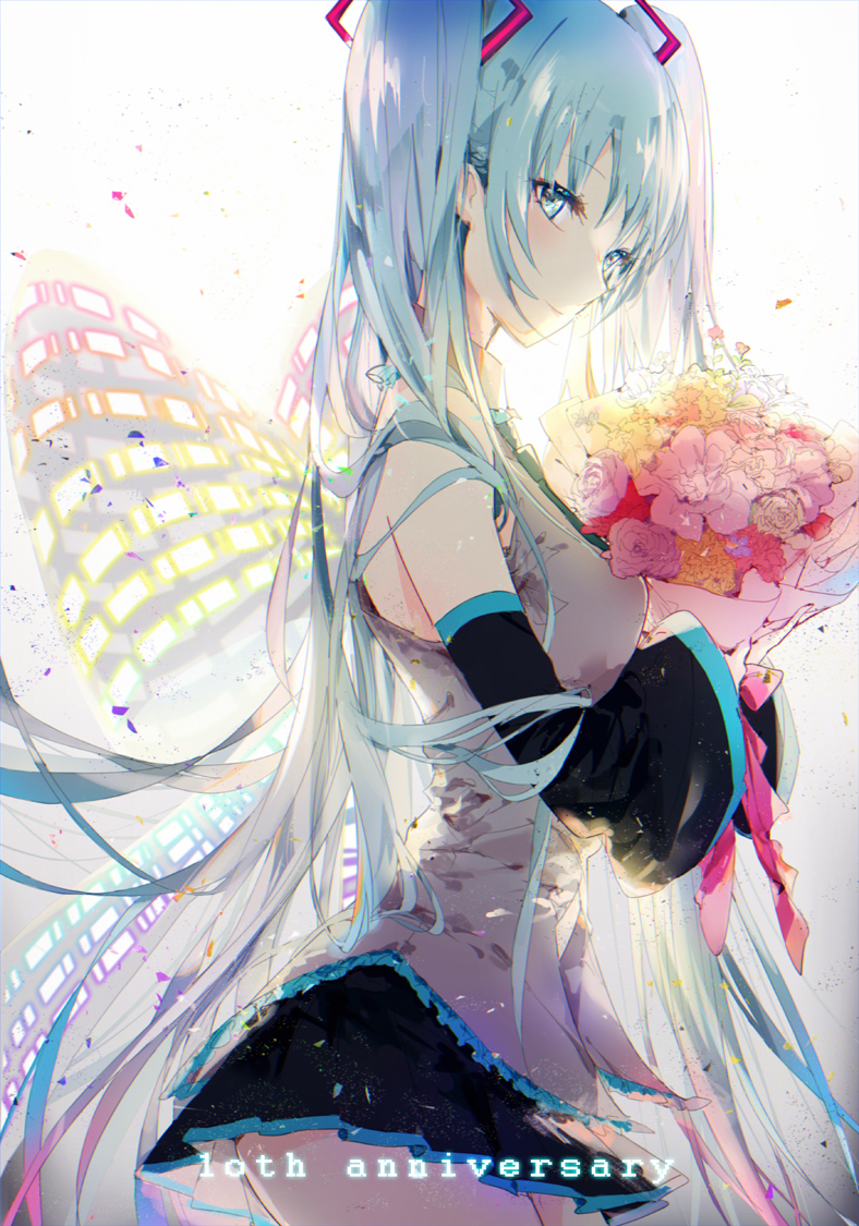 1girl anniversary backlighting bangs black_skirt blue_eyes blue_hair bouquet collared_shirt cowboy_shot detached_sleeves eyebrows_visible_through_hair flower from_side glowing grey_shirt hatsune_miku holding holding_bouquet kinokohime light_smile long_hair looking_at_viewer pleated_skirt shirt sidelocks skirt sleeveless sleeveless_shirt smile solo twintails very_long_hair vocaloid wings