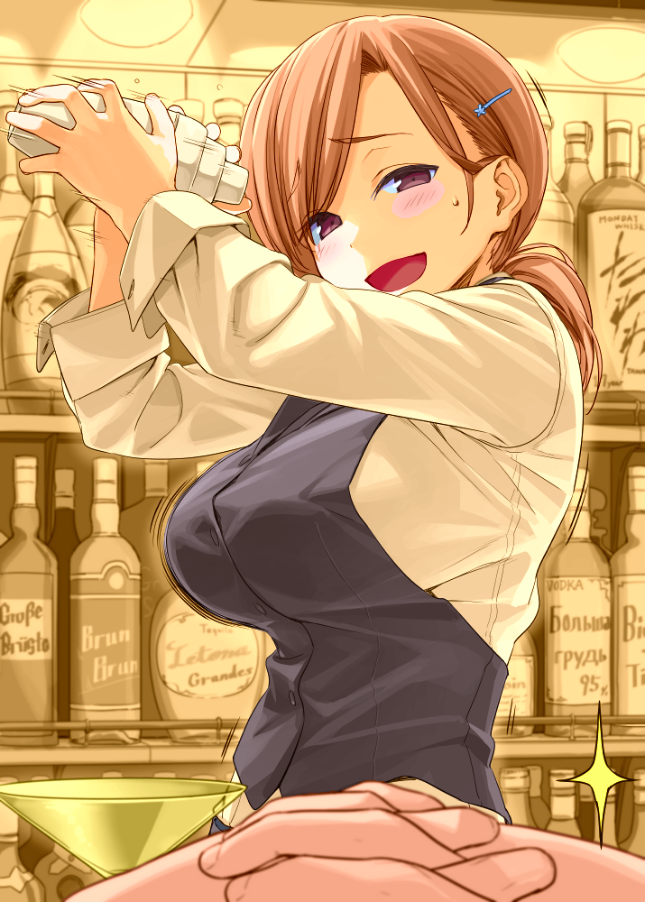 1girl :d bar bartender blush bottle breasts buttons ceiling_light character_request colorized commentary_request cup drinking_glass eye_contact eyebrows_visible_through_hair getsuyoubi_no_tawawa hair_ornament hairclip himura_kiseki indoors large_breasts light long_hair long_sleeves looking_at_another looking_at_viewer low_ponytail motion_lines open_mouth original pov raised_eyebrows sexually_suggestive shaking shelf shirt sleeve_cuffs smile solo_focus sparkle sweatdrop tareme vest