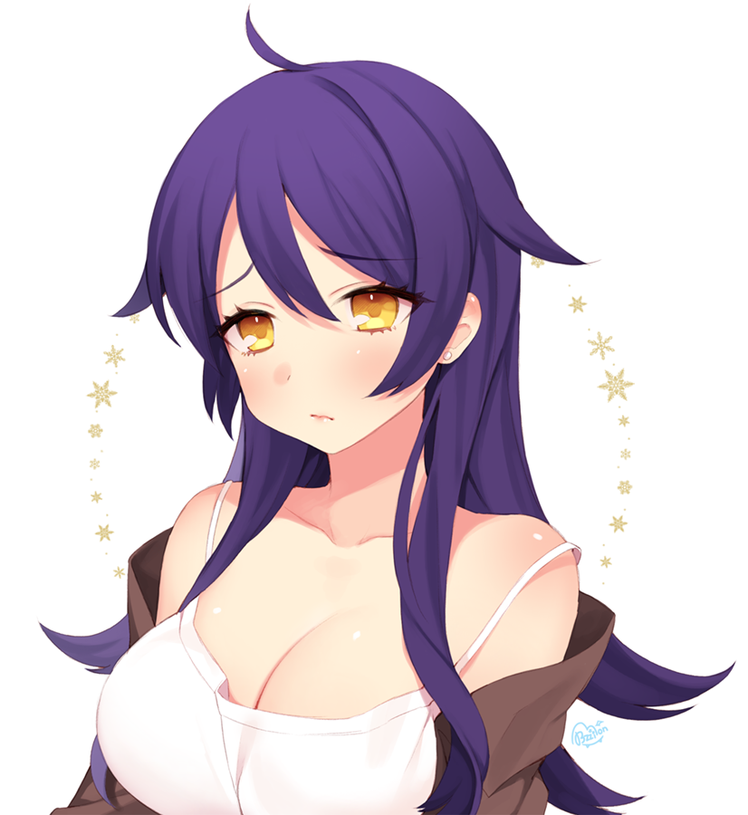 1girl ahoge bare_shoulders blush breasts brown_jacket byulzzimon cleavage closed_mouth collarbone embarrassed eyebrows_visible_through_hair hair_between_eyes jacket large_breasts long_hair looking_at_viewer off_shoulder purple_hair shirt solo white_background white_shirt yellow_eyes