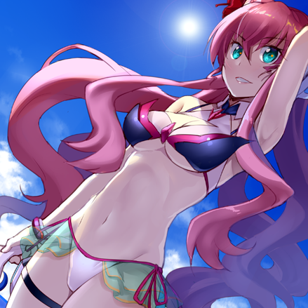 1girl arm_behind_head blue_eyes breasts chikugen_shiina commentary_request dutch_angle groin large_breasts long_hair lowres maria_cadenzavna_eve navel pink_hair senki_zesshou_symphogear solo swimsuit under_boob very_long_hair