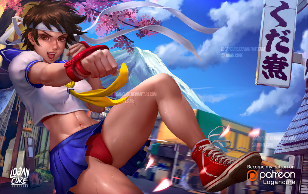 1girl :d artist_logo artist_name ascot blue_sailor_collar blue_skirt breasts brown_eyes brown_hair building capcom cherry_blossoms chun-li clouds commentary converse crop_top day deviantart_username logan_cure looking_at_viewer medium_breasts midriff miniskirt mountain navel neckerchief nose open_mouth outdoors panties pantyhose parted_lips patreon_logo patreon_username pleated_skirt punching red_footwear red_panties road rooftop sailor_collar sakura_kasugano school_uniform shirt shoes short_sleeves skirt smile sneakers solo stomach street_fighter sunlight sweaty teeth tongue translation_request tree twitter_username underwear volcano watermark web_address white_shirt yellow_neckwear