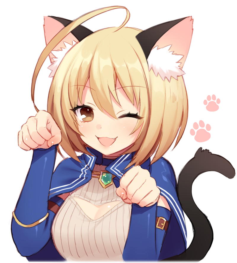 1girl :3 :d ahoge animal_ears arm_belt bangs blonde_hair blue_capelet brown_eyes byulzzimon capelet cat_ears cat_girl cat_tail cleavage_cutout detached_sleeves eyebrows_visible_through_hair fang gem hair_between_eyes jewelry long_sleeves looking_at_viewer meme_attire necklace one_eye_closed open-chest_sweater open_mouth paw_pose paw_print ribbed_sweater short_hair smile solo sweater sweater_vest tail white_sweater