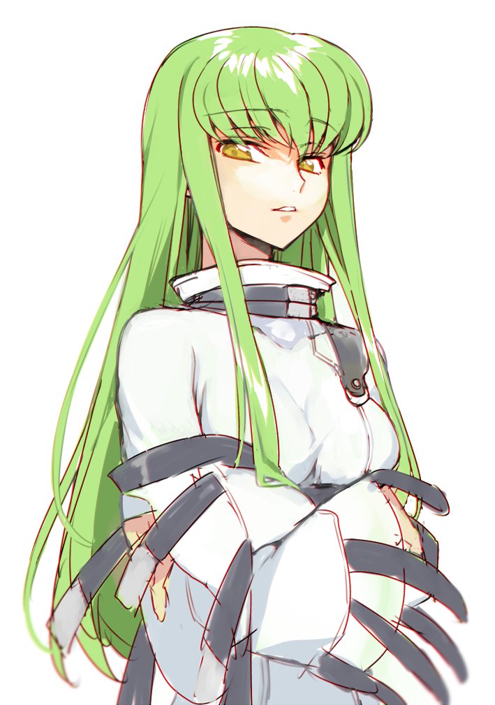 1girl bangs breasts c.c. code_geass collarbone creayus crossed_arms eyebrows_visible_through_hair fringe green_hair long_hair long_sleeves looking_at_viewer medium_breasts parted_lips sidelocks upper_body white_background wide_sleeves yellow_eyes