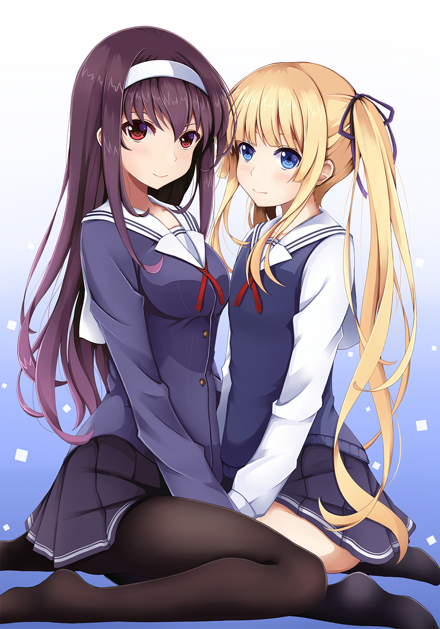 2girls black_legwear blonde_hair blue_background blue_eyes blue_skirt blue_sweater brown_hair gradient gradient_background hair_ribbon hairband highres kasumigaoka_utaha long_hair looking_at_viewer lucky_keai miniskirt multiple_girls pantyhose pleated_skirt purple_ribbon red_eyes ribbon saenai_heroine_no_sodatekata sawamura_spencer_eriri school_uniform shirt skirt smile sweater twintails two-tone_background very_long_hair white_background white_hairband white_shirt