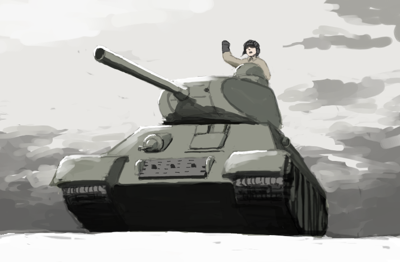 1boy clouds day ground_vehicle military military_vehicle motor_vehicle original saigawa sky snow t-34 tank