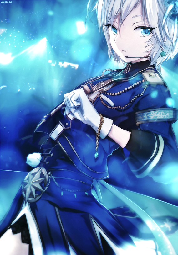 1girl anastasia_(idolmaster) artist_name blue_eyes dyolf earrings gloves hair_between_eyes idolmaster idolmaster_cinderella_girls idolmaster_cinderella_girls_starlight_stage jewelry looking_at_viewer microphone parted_lips short_hair silver_hair solo stage standing white_gloves