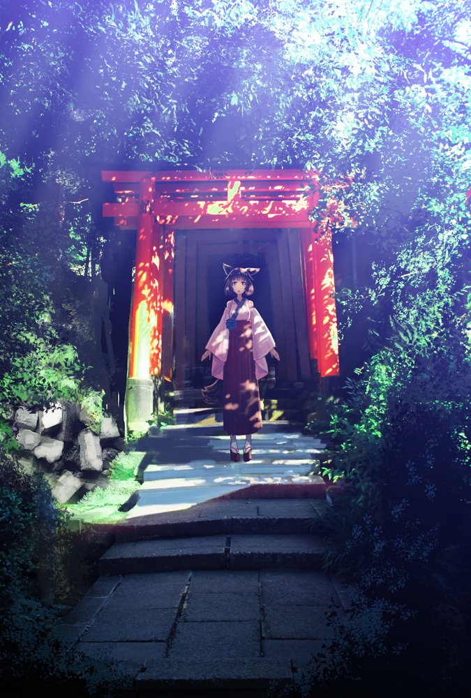 1girl animal_ears bangs bow brown_hair commentary_request day facing_away hair_bow japanese_clothes light_rays long_hair long_sleeves nature open_mouth original outdoors scenery shade solo stairs standing sunlight tail torii tree zennmai_siki