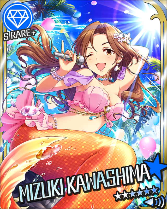 1girl artist_request balloon brown_eyes brown_hair card_(medium) character_name coconut_tree diamond_(symbol) earrings fish_tail hair_ornament idolmaster idolmaster_cinderella_girls jewelry kawashima_mizuki long_hair mermaid microphone monster_girl official_art one_eye_closed palm_tree shell shell_bikini tree