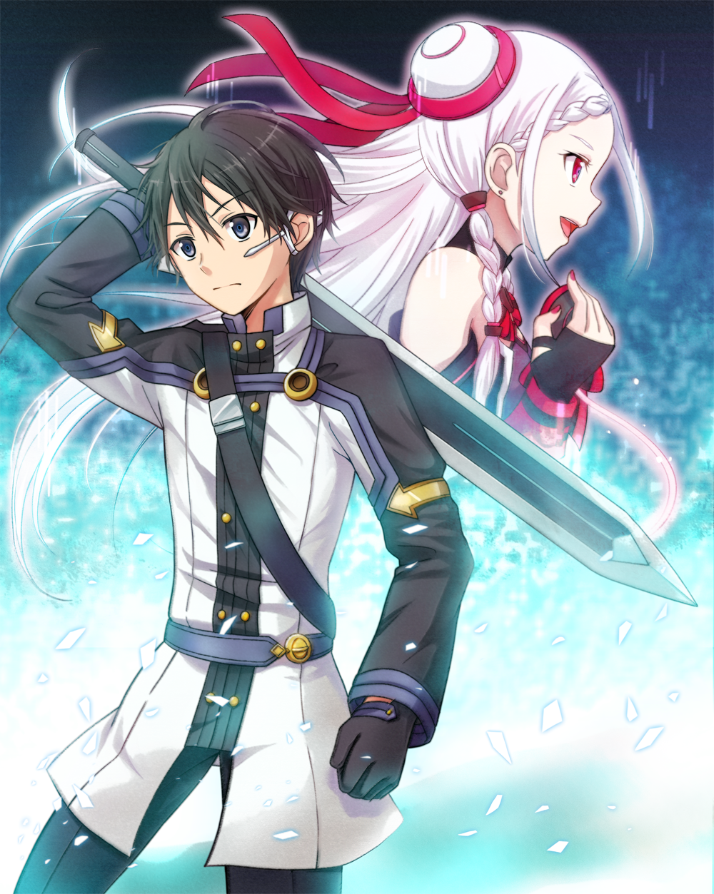 1boy 1girl :d arm_up black_gloves black_hair black_pants blue_eyes detached_sleeves earrings fingerless_gloves floating_hair gloves hair_between_eyes hair_ribbon highres holding holding_sword holding_weapon jewelry kirito long_hair nail_polish open_mouth pants red_eyes red_nails red_ribbon ribbon silver_hair smile sol_(tvtjk7ubec) sword sword_art_online sword_art_online_the_movie:_ordinal_scale weapon yuna_(sao)