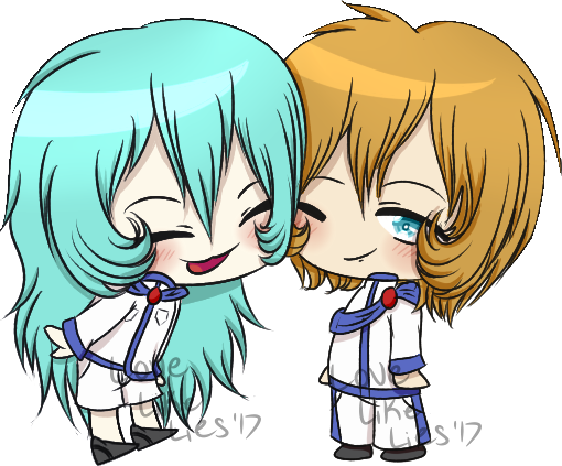 1boy 1girl blue_eyes blue_hair blush brown_hair chibi closed_eyes l0velikelies nuzzle orange_hair